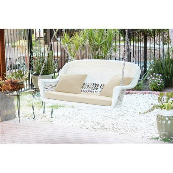 White Resin Wicker Porch Swing with Ivory Cushion