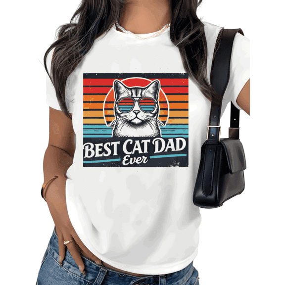 White Retro Best Cat Dad Ever Cat Graphic Print Tshirt Graphic Tees Shirts Funny Cat Lover Fathers Day Gift Casual Wear S 5XL Tops