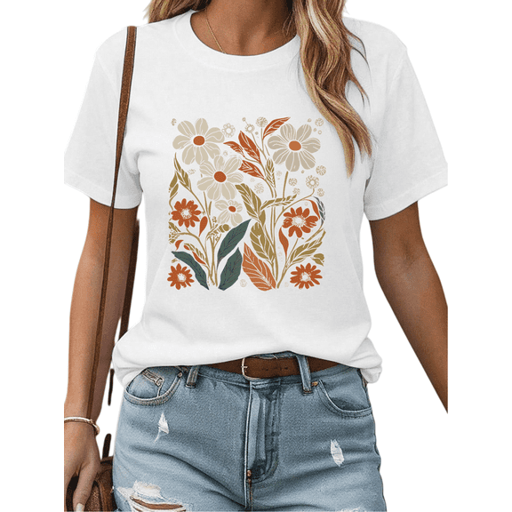White Retro Floral Pattern Graphic T-Shirt Casual Soft Loose Shirts Autumn Botanical Themed Daily Outfit Oversized Tops S-5XL