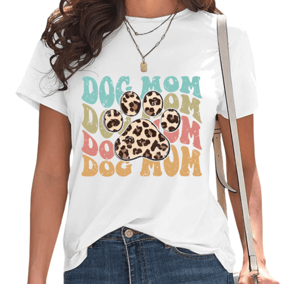 White Retro Groovy Leopard Print Dog Mom Tshirt Graphic Tees Shirts Vintage Pet Parent Boho Style Birthday Gift Casual Wear Tops S-5XL