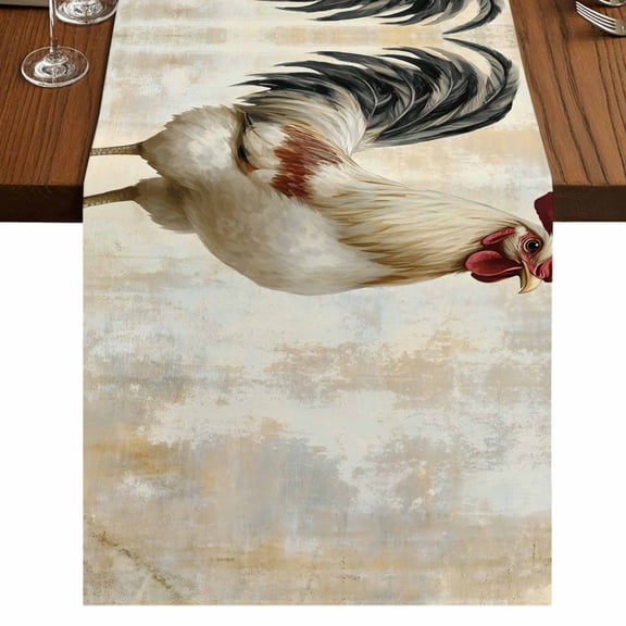 White Retro Rooster 48 Inch Table Runner, Checkered Pastoral Animals Farmhouse Dresser Scarf Cotton & Linen Tablerunner for Dining/Kitchen Island/Holiday Party Décor 13" x 48"