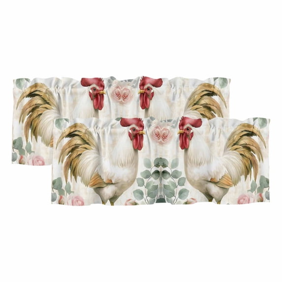 White Retro Rooster Curtain Valances for Windows, Kitchen Valance Window Treatments Panel 2 Pack, Watercolor Animals Spring Floral Rod Pocket Short Curtains for Bathroom Bedroom 42 x 18 Inch