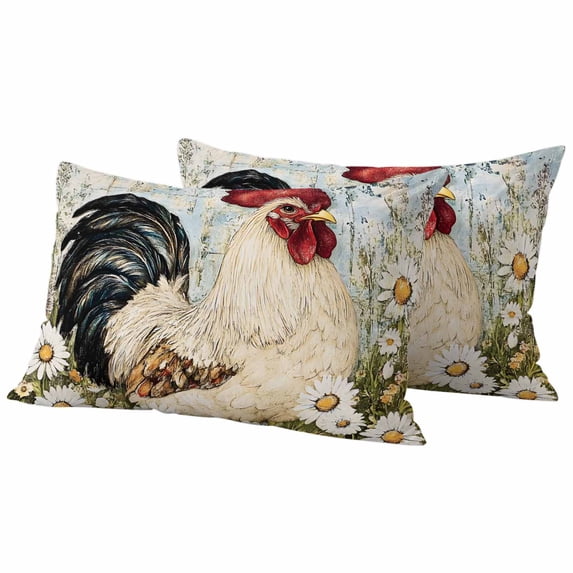 White Retro Rooster Outdoor Waterproof Pillow Covers, Spring Floral Pastoral Rooster Decorative Rectangle Throw Pillowcase Sofa Cushion Sham for Patio/Couch/Chair, 20"x12" 2 Pack