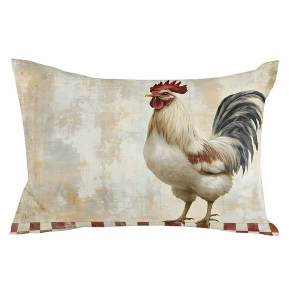 White Retro Rooster Throw Pillow Cover 12 x 20 Inch Decorative Pillow Cover Checkered Pastoral Animals Lumbar Pillowcase Seasonal Rectangle Cushion Case for Couch Sofa Bed Living Room