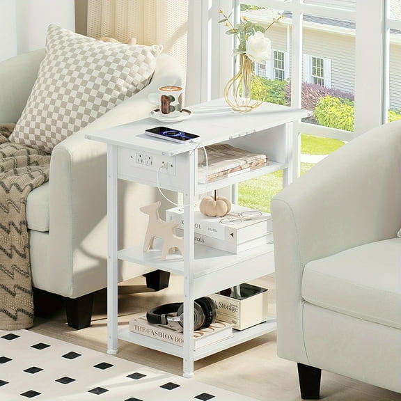 White Retro Side Table with Charging Station - USB Ports & Outlets, 27in Height - Space-Saving Narrow Design for Living Room & Bedroom