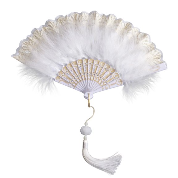 White Retro Style Folding Fan, Fluffy Feather Decorated with Exquisite Lace, Hollowed Bone with Elegant Patterns, Dangle Bead Tassel, Fan for Dance, Wedding, Performance, Party, Tea Ceremony