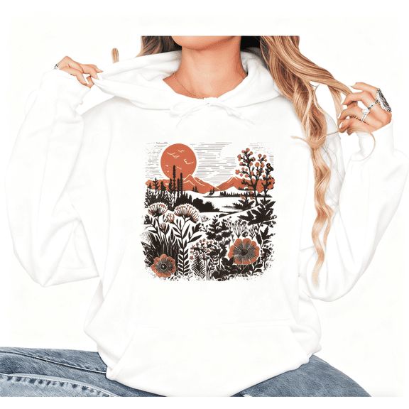White Retro Sunset Floral Mountain Graphic Sweatshirt Print hoodie womens S-2XL for Daily Wear Tops