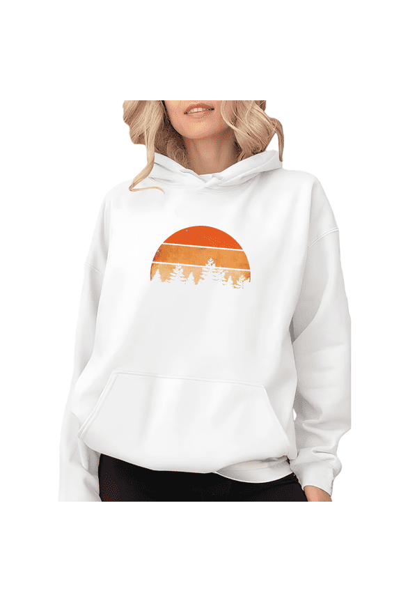 White Retro Sunset Pine Tree Graphic Sweatshirt Print hoodie womans S-2XL Loose Tops