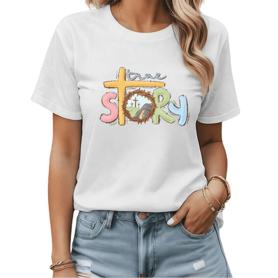 White Retro True Story Cross T-Shirt Graphic Tees Shirts Religious Casual Daily S-5XL Tops