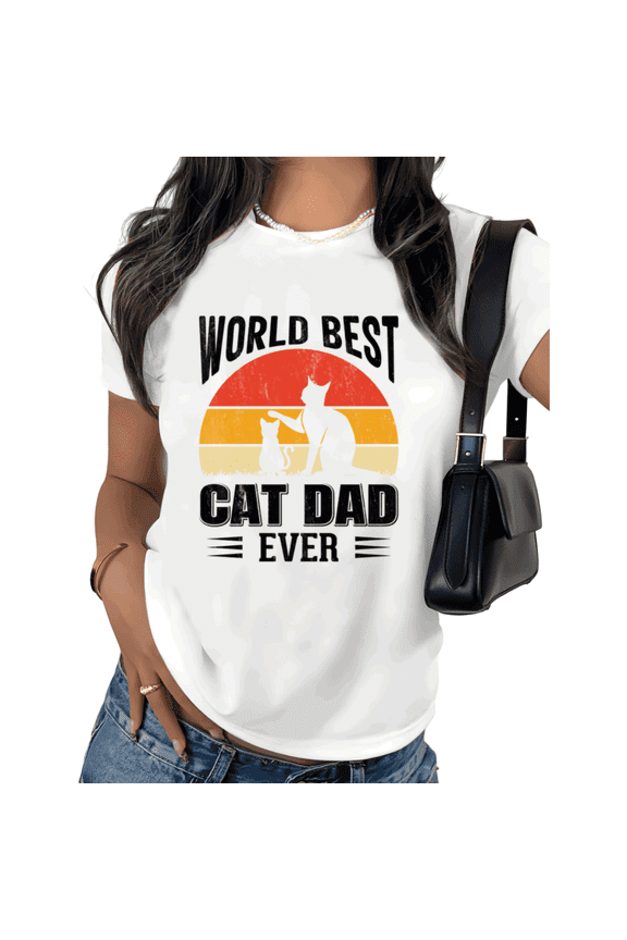 White Retro World Best Cat Dad Ever Cat Graphic Print Tshirt Graphic Tees Shirts Funny Cat Lover Fathers Day Gift Casual Wear S 5XL Tops