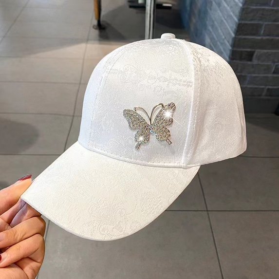 White Rhinestone Butterfly Lace Pattern Baseball Cap