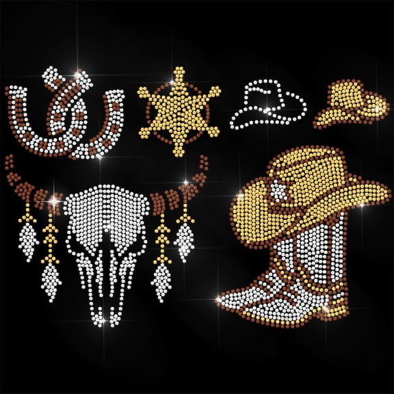 White Rhinestone Iron on Transfer Cowboy and Bull Skull Bling Diamond Hotfix Patches for Clothes 11.6"x8.2" Large Iron On Sequin Applique Glass Rhinestone
