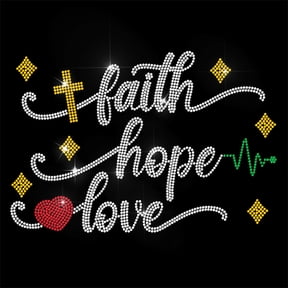 White Rhinestone Iron on Transfer Faith Hope Love Bling Diamond Hotfix Patches for Clothes 11.6"x8.2" Large Iron On Sequin Applique
