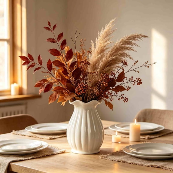 White Ribbed Ceramic Pumpkin Vase, Modern Fluted Curved Vase for Fall Leaf Floral Arrangements