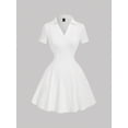 thumbnail image 1 of White Ribbed Knit Collar Mini Dress, Short Sleeve V-Neck Flared Skirt, 1 of 4