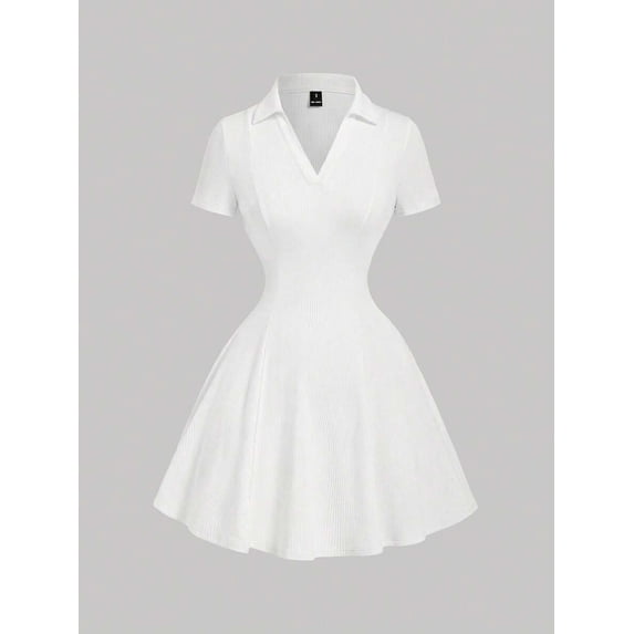 White Ribbed Knit Collar Mini Dress, Short Sleeve V-Neck Flared Skirt
