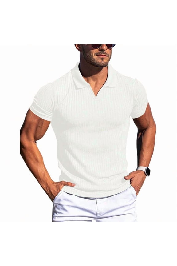 White Ribbed Knit V-Neck Collared Short Sleeve Polo Shirt For Men