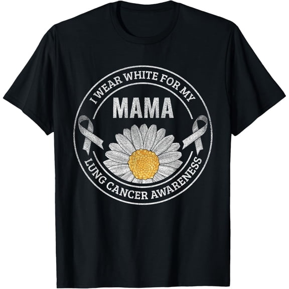 White Ribbon Mama Lung Cancer Awareness Gift T-ShirtMen and women, Black T-shirt, size: Extra large