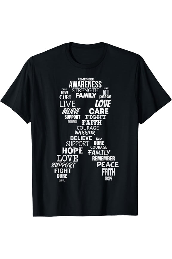 White Ribbon of Words Lung Cancer Awareness T-Shirt men and women can wear, black, white, gifts