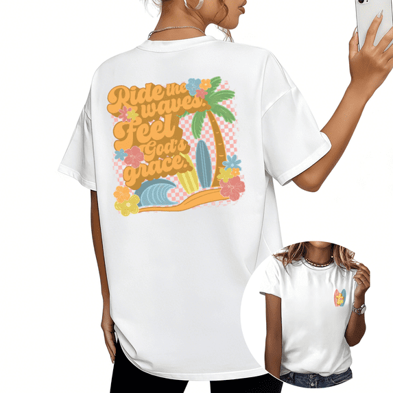 White Ride The Waves Feel God's Grace Retro Surf Beach Floral Checkerboard Christian Print Tshirt Graphic Tees Shirts Tops S-5XL