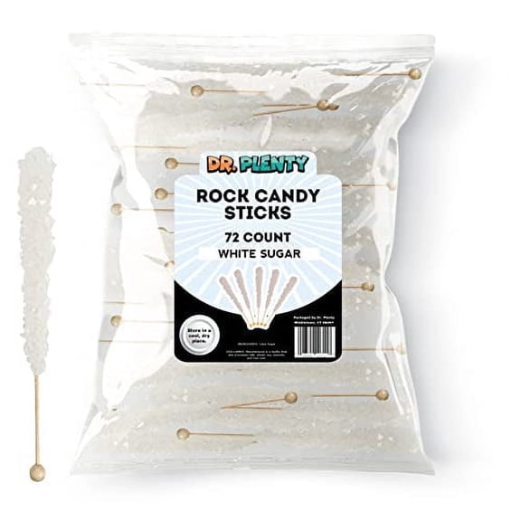 White Rock Candy on a Stick (72 Pack) - BULK Individually Wrapped Pure Sugar Crystal Rock Sticks - Perfect for Party Favors, Weddings, Receptions, Buffets, Coffee, Bridal and Baby Showers - Dr. Plenty