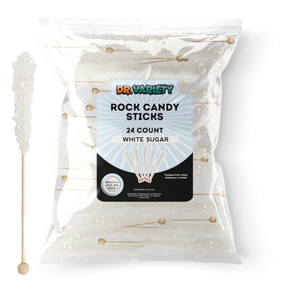 White Rock Candy Sticks White Sugar Flavor, 24 Pack Bulk Individually Wrapped Edible Crystal Sticks for Party Favors, Weddings, Bridal & Baby Showers By Dr. Variety