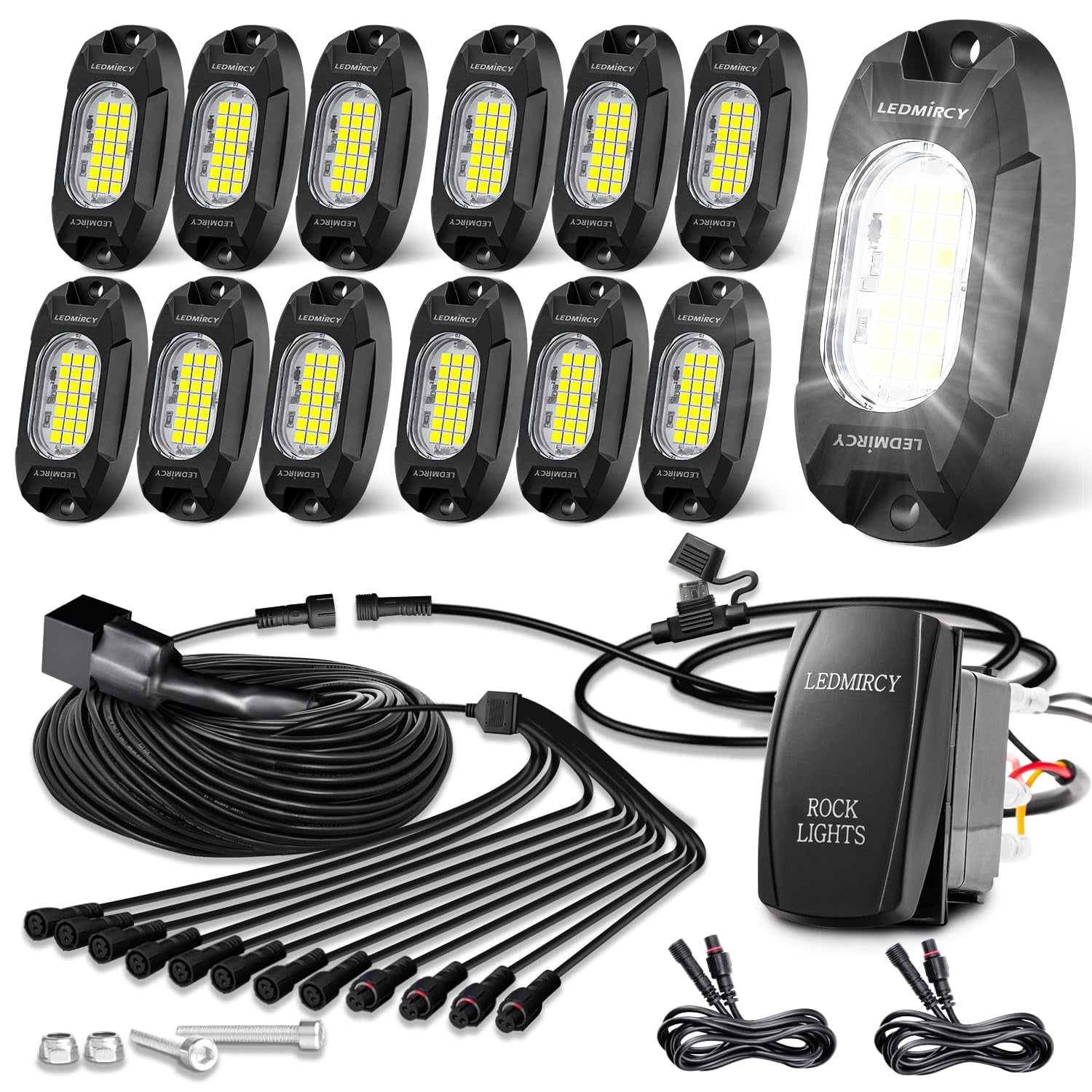 White Rock Lights, R6 LED Pure White Rock Lights 12PCS with Rocker Switch Wire Harness Kit for Trucks UTV Off Road Boat ATV Luces para Carro Super Bright High Power Light Waterproof Shockproof