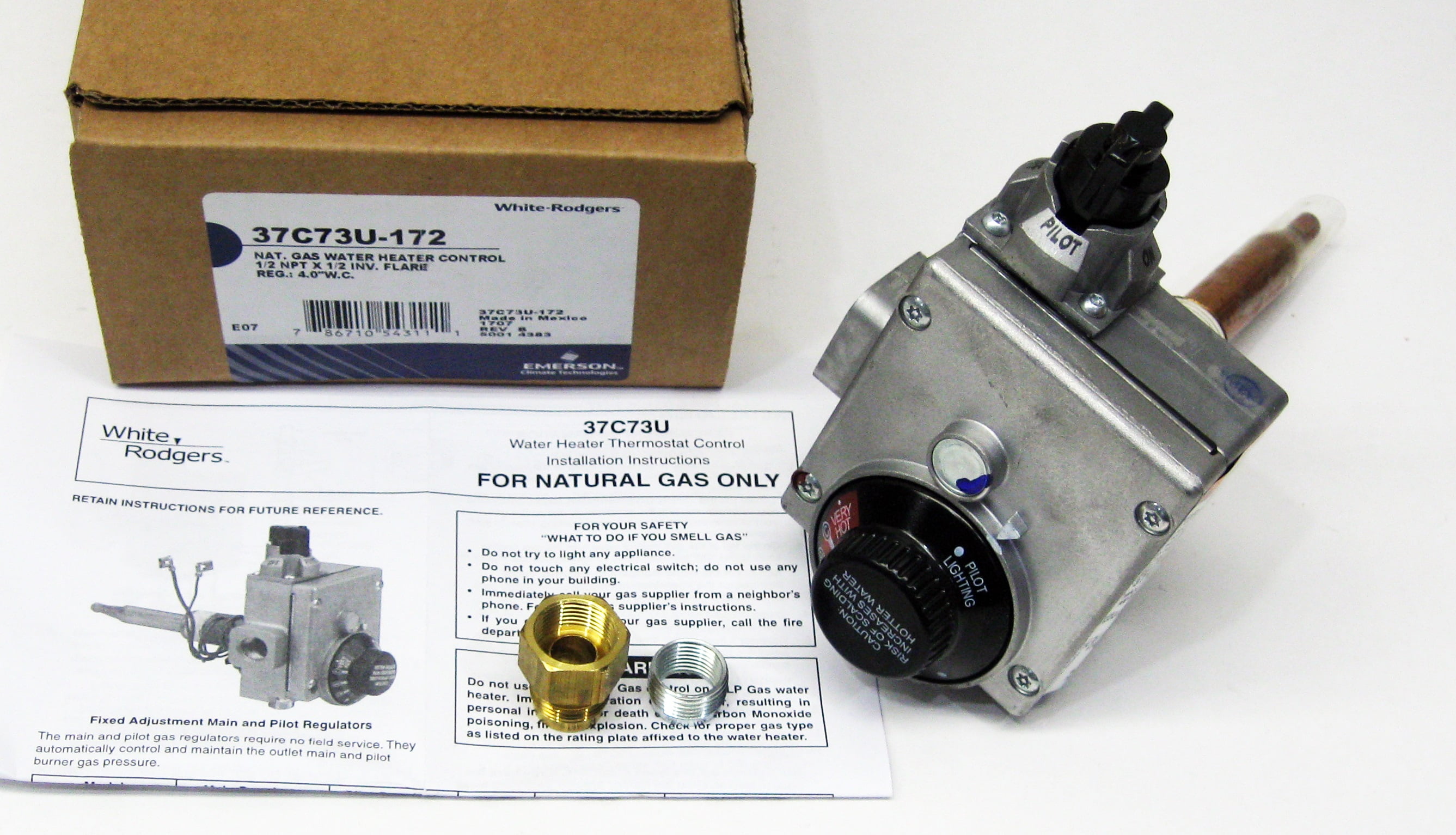 White-Rodgers 37C73U-172 Gas Water Heater Ctl, For Nat Gas Only, 1/2" N.P.T. Inlet, 1/2" Inv Flare Outlet