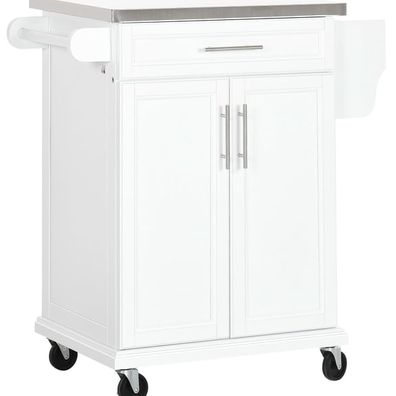 White Rolling Cart - Stainless Steel Countertop for Food Prep - Kitchen Use - Ample Storage
