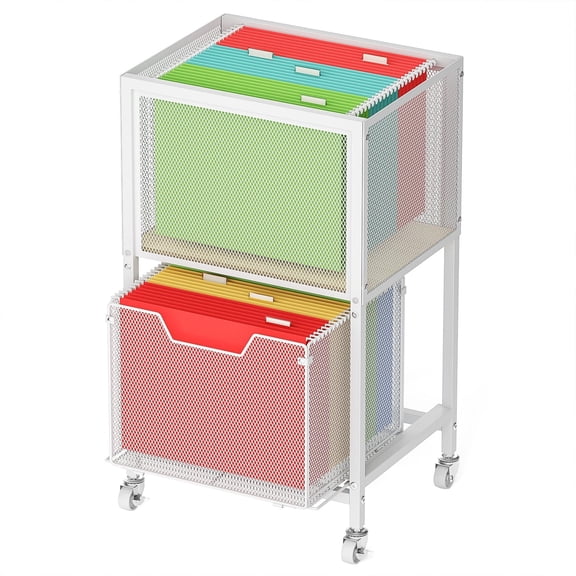 White Rolling Mesh File Cabinet With Two Tier Hanging Folders And Storage Drawer On Lockable Wheels