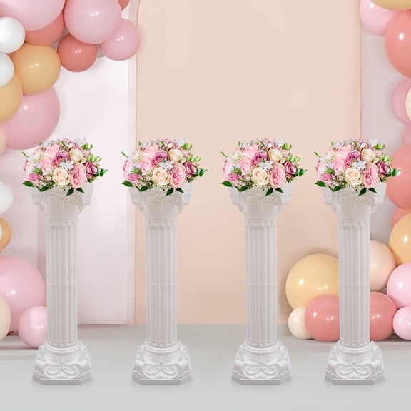 White Roman Pillar 4-Piece Set 34.65" Tall, Plastic Column for Wedding Party Decor