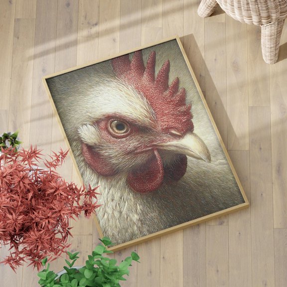 White Rooster Portrait Red Comb Accent Detailed Linework Rustic Farmhouse Animal Decor, Unframed Poster