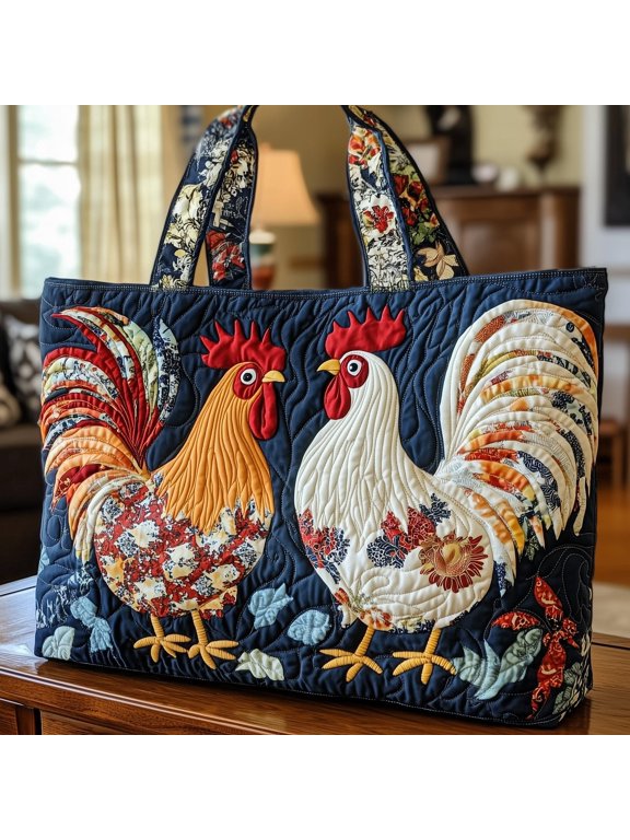 White Rooster Quilted Tote Bag, Farm Chicken Pattern Shoulder Tote, Rustic Country Bag