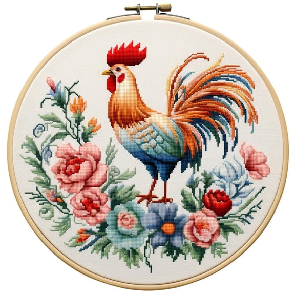 White Rooster Round Shape Stamped Cross Stitch Kits for Beginners Easy with Hoop 11CT Needlepoint Embroidery DIY Counted Cross Stitch Kits Art Craft Wall Decor 35x35cm(2)