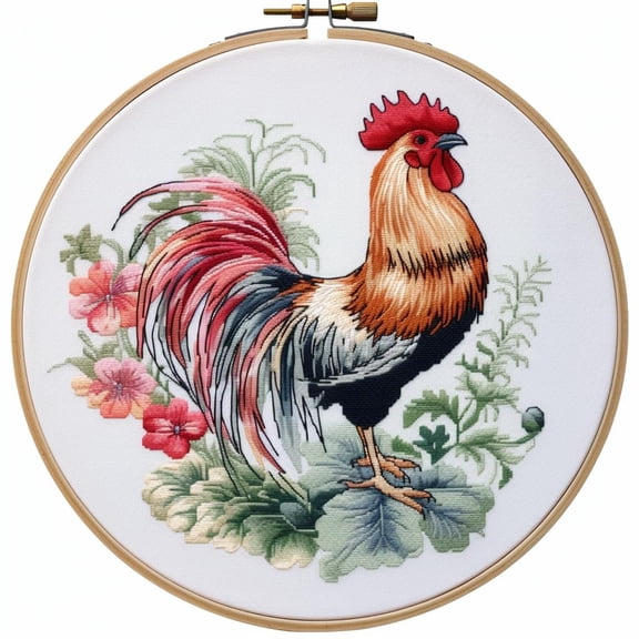 White Rooster Round Shape Stamped Cross Stitch Kits for Beginners Easy with Hoop 11CT Needlepoint Embroidery DIY Counted Cross Stitch Kits Art Craft Wall Decor 35x35cm(1)