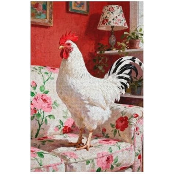 White Rooster on Sofa 500 Piece Jigsaw Puzzle for Adults, Funny Farm Animal Artwork, Relaxing Family Game & Rustic Home Decor
