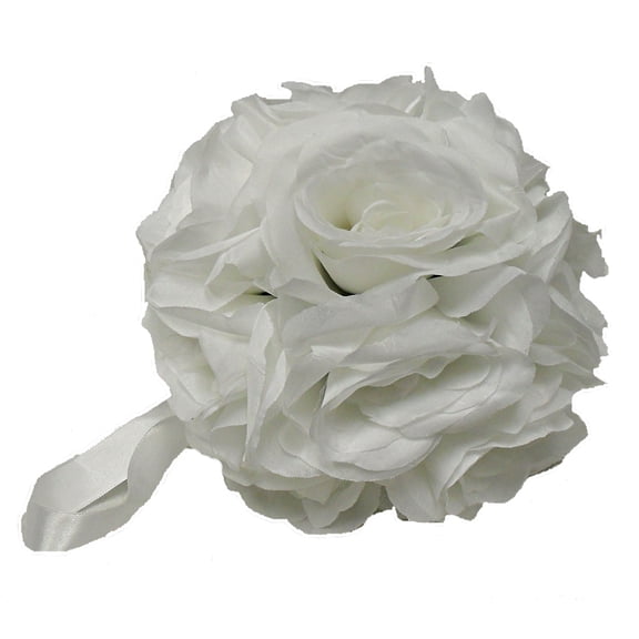 White Rose 11in Artificial Polysilk Faux Fake Open Bloom Flower Kissing Ball for Craft Home Garden Outdoor Bouquet Arrangement Ceremony Wedding Arch Floral Wall Aisle Decor (White, Set of 2)