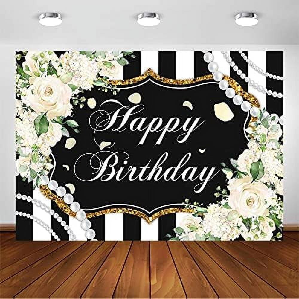 White Rose Birthday Backdrop Greenery Black and White Stripes Party