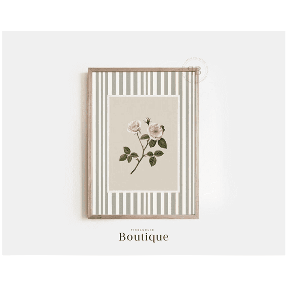 White Rose Botanical Stripe Border Vintage Floral Wall Art Poster
