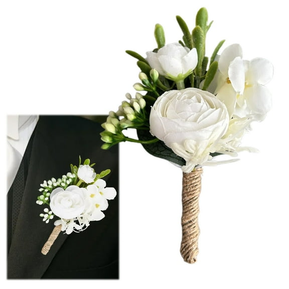 White Rose Boutonniere Men Wedding Flower Pin White Cloth Artificial Roses Flowers Decorations Groom Groomsman Corsage Boutonnieres for Anniversary Celebration Party Accessories,1Pcs