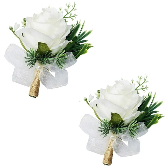 White Rose Boutonniere for Men Wedding,Happon 2 Pack Wedding Flower Boutonnieres with Pins for Groom,Wedding Ceremony Anniversary, Homecoming Prom Party
