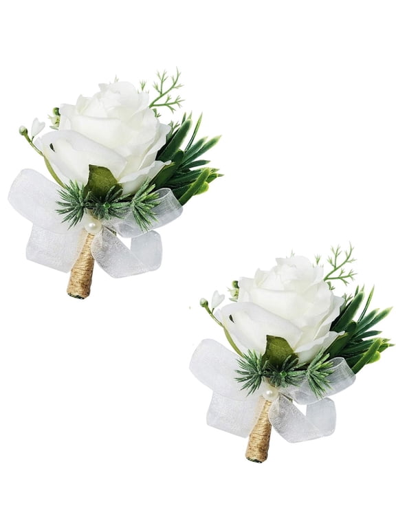 White Rose Boutonniere for Men Wedding,Happon 2 Pack Wedding Flower Boutonnieres with Pins for Groom,Wedding Ceremony Anniversary, Homecoming Prom Party