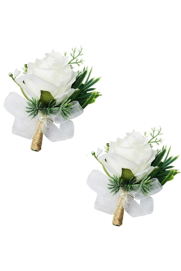 White Rose Boutonniere for Men Wedding,Happon 2 Pack Wedding Flower Boutonnieres with Pins for Groom,Wedding Ceremony Anniversary, Homecoming Prom Party