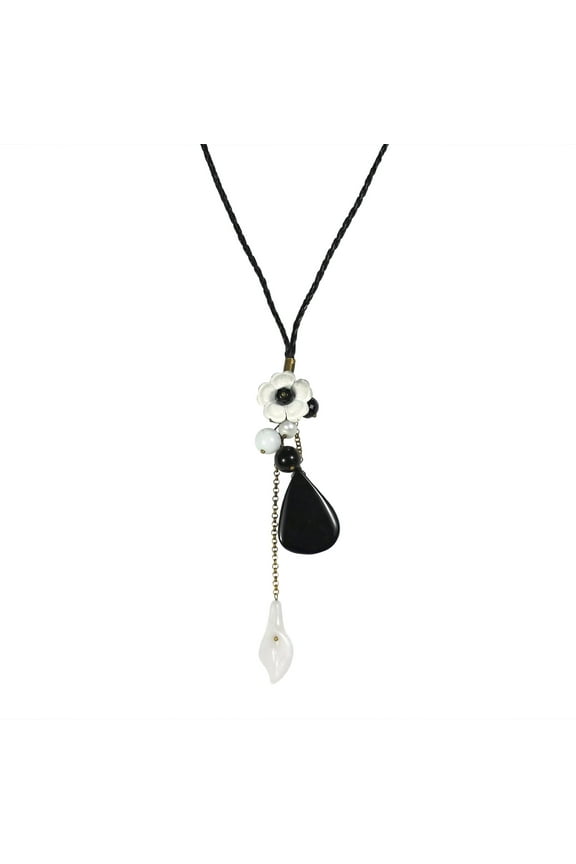 White Rose Bud Black Agate Teardrop Handmade Necklace