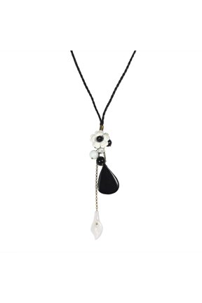 White Rose Bud Black Agate Teardrop Handmade Necklace
