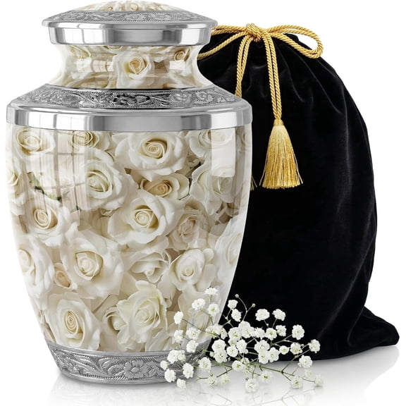 White Rose Cremation Urn for Human Ashes Adult – Large Decorative Burial Urn for Men & Women – Floral Memorial Keepsake Funeral Urns for Human Ashes for Home Display or Cemetery Burial Aluminum