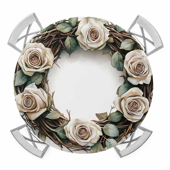 White Rose Elastic Fitted Round Table Cover Watercolor Wreath Waterproof Outdoor Tablecloth for Holiday Party, Picnic, Patio & Dining Fits Tables Up to 36"-44"