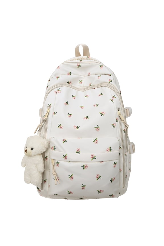 White Rose Floral Backpack Cute Casual Travel Daypack School Bookbag (White Rose)