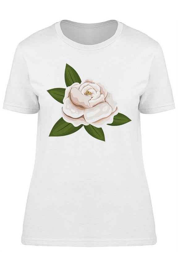 White Rose Flower And Leaves T-Shirt Women -Image by Shutterstock, Female Small