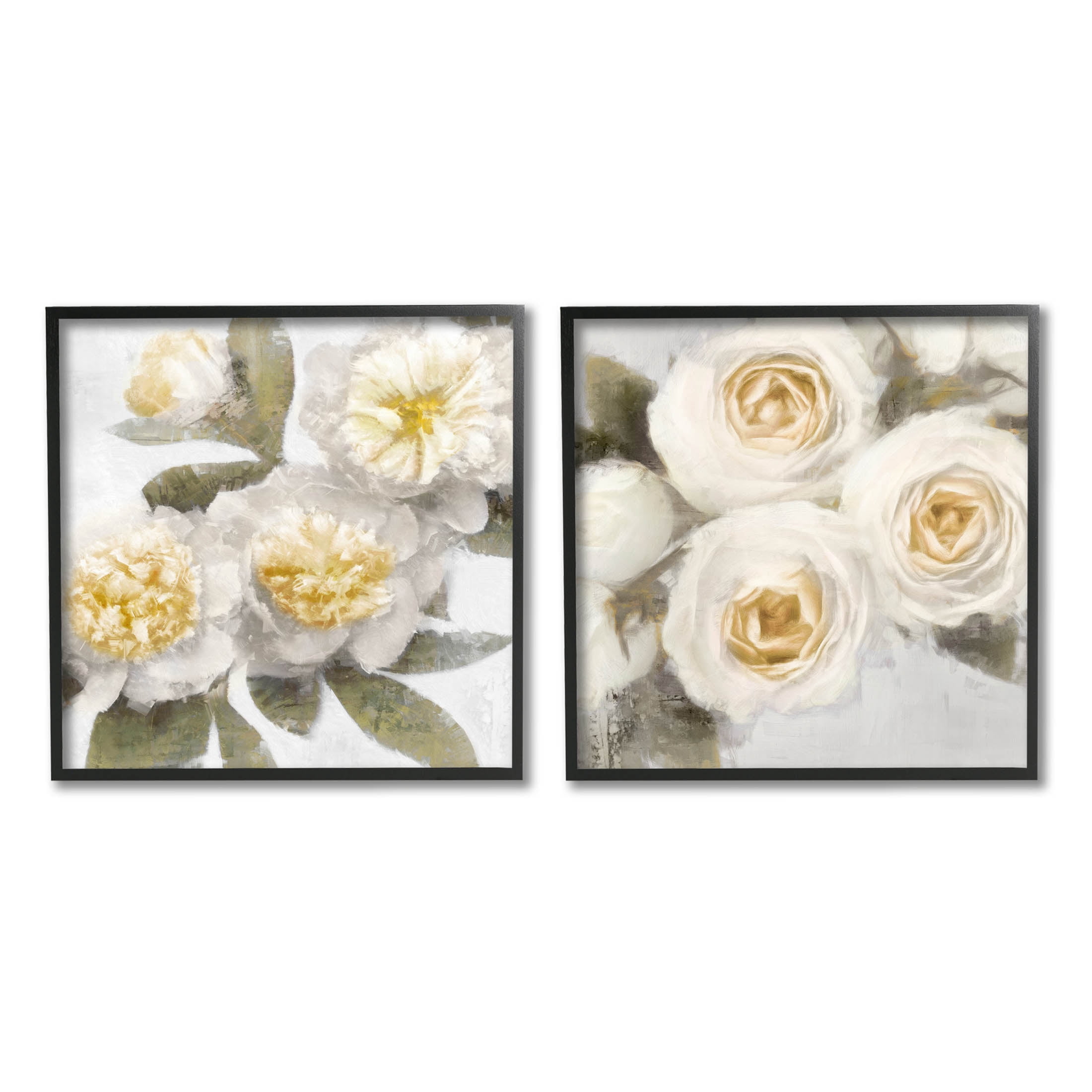 White Rose Flowers Traditional Botanical & Floral Graphic Art Black Framed Art Print Wall Art, Set of 2